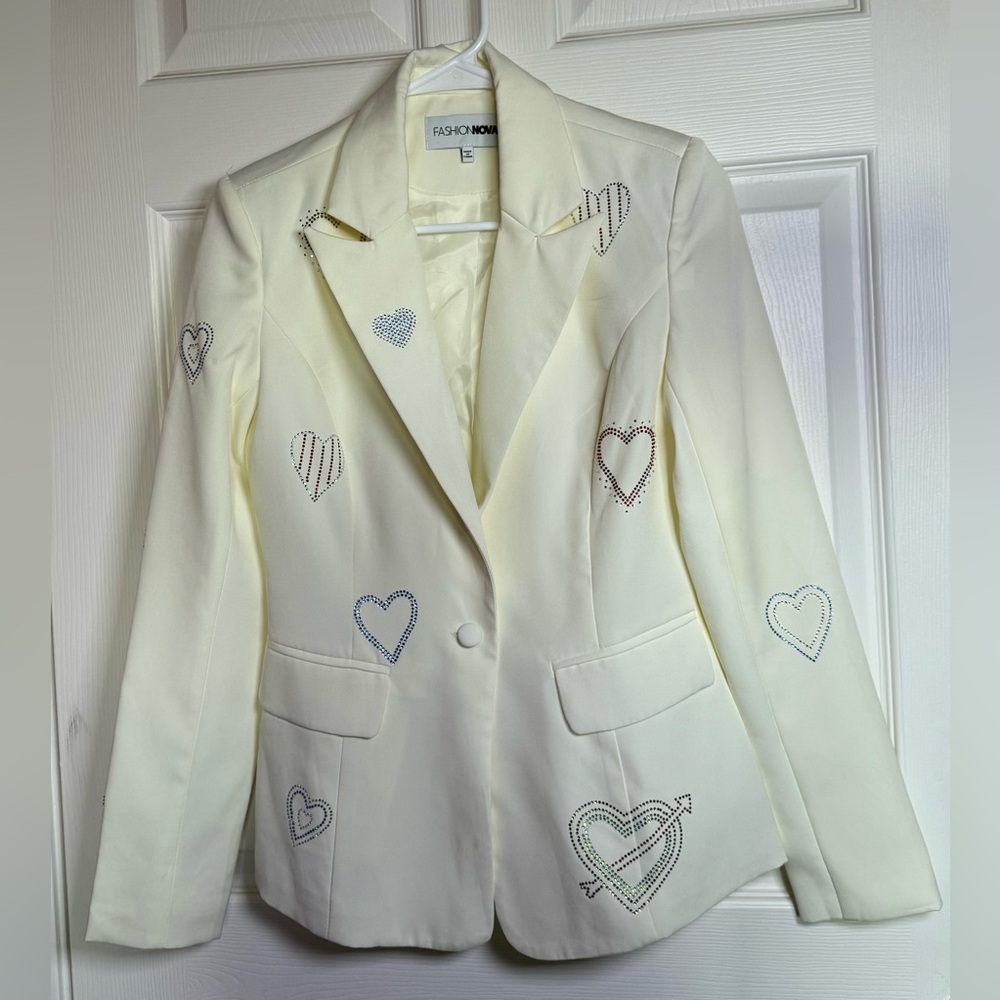 Fashion Nova Cream Crystal Heart Embellished Blazer